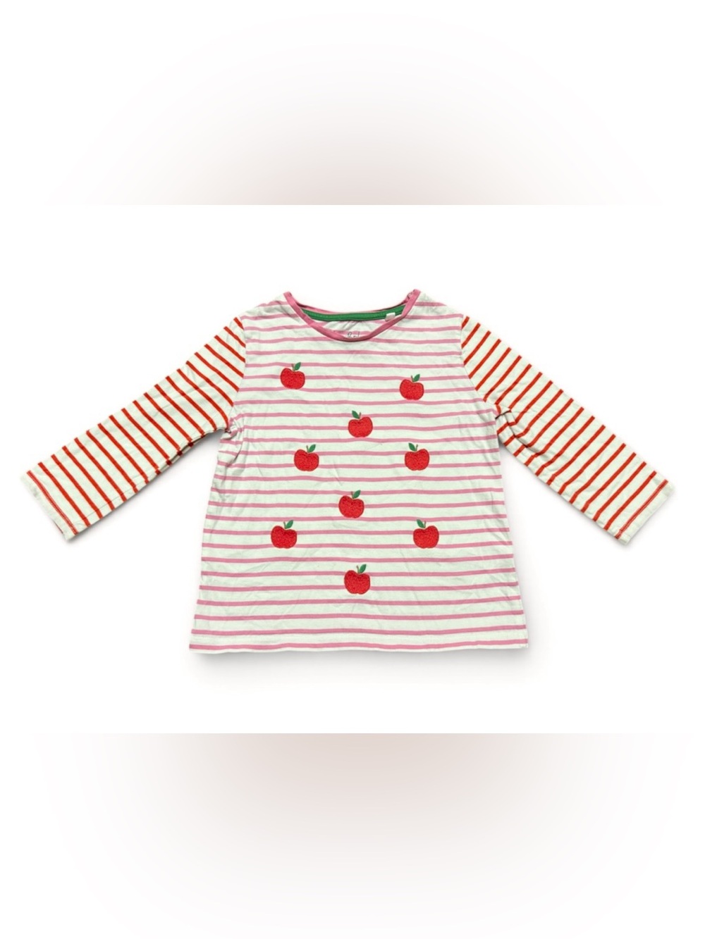 Mini Boden Girls Apple Stripe Long Sleeve T-Shirt Size 6-7Y Pink Red